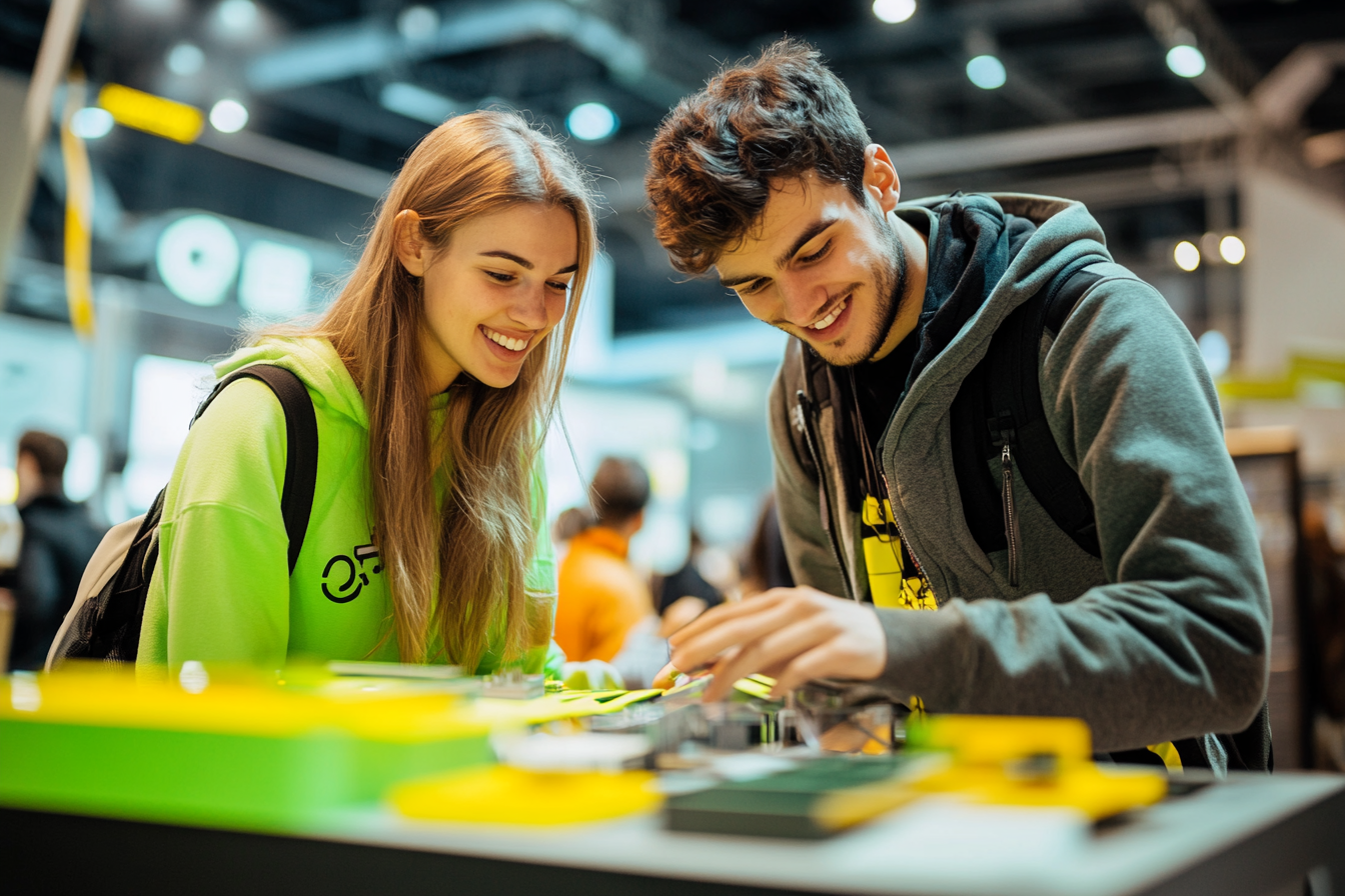 Young man and woman collaborating at a trade show booth, representing the next generation of talent in the trade show industry.