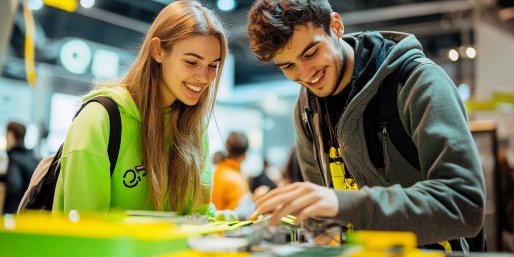 Young man and woman collaborating at a trade show booth, representing the next generation of talent in the trade show industry.